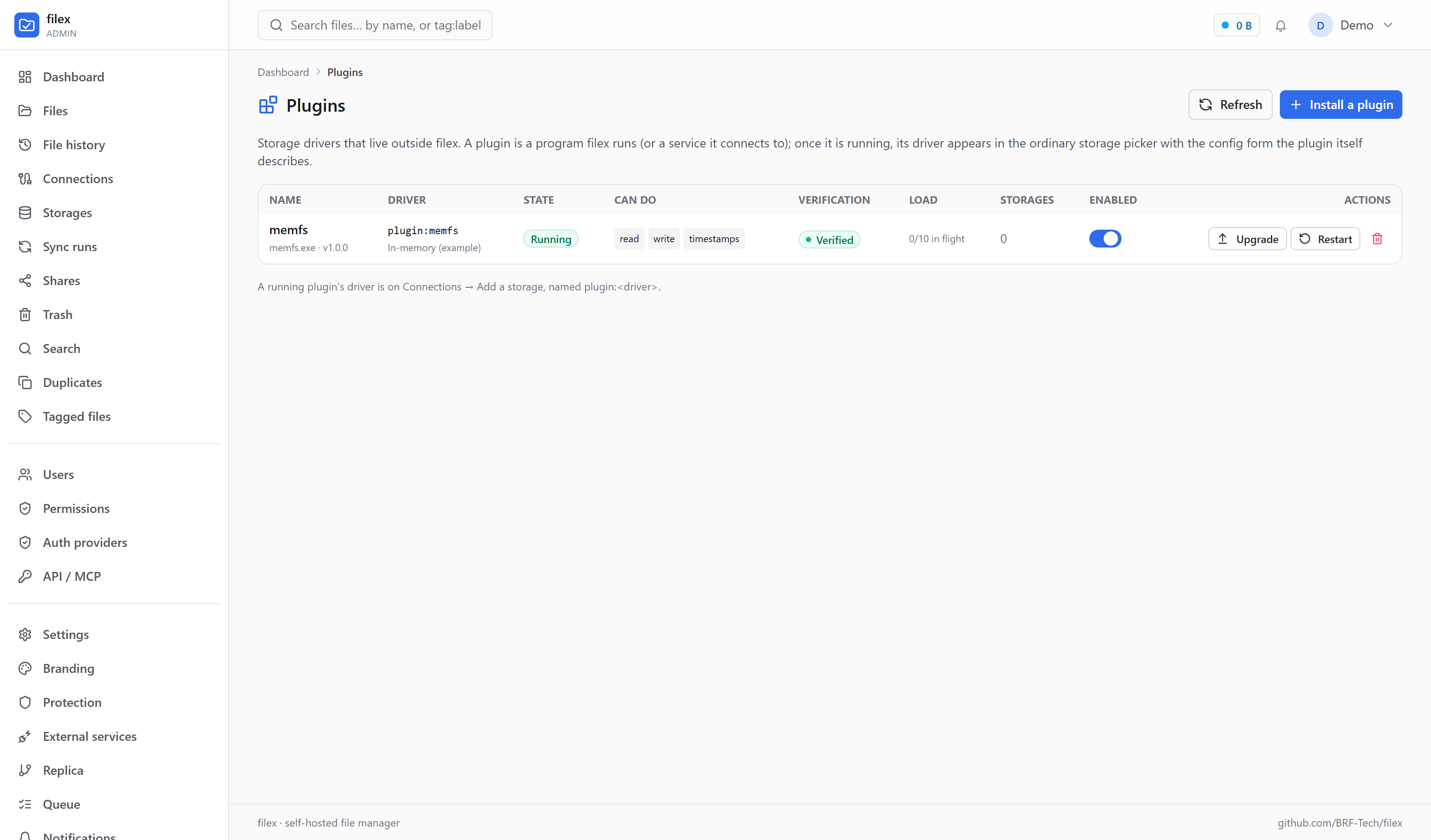 The Plugins page with the example plugin running